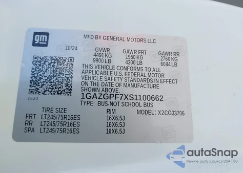 2025 Chevrolet Express Passenger Rwd 3500 Extended Wheelbase Lt z USA, uszkodzony, nr VIN 1GAZGPF7XS1100662